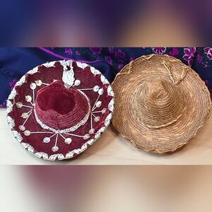 Two Miniature Mexican Sombreros- One Is Velvet & One Is Straw EUC!